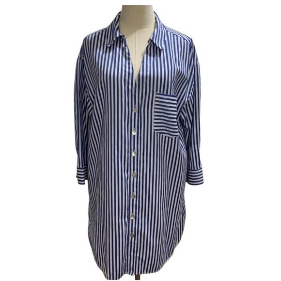Zara Blue White Striped Collared Tunic Long Sleeve Shirt Dress Size Medium - Picture 2 of 8